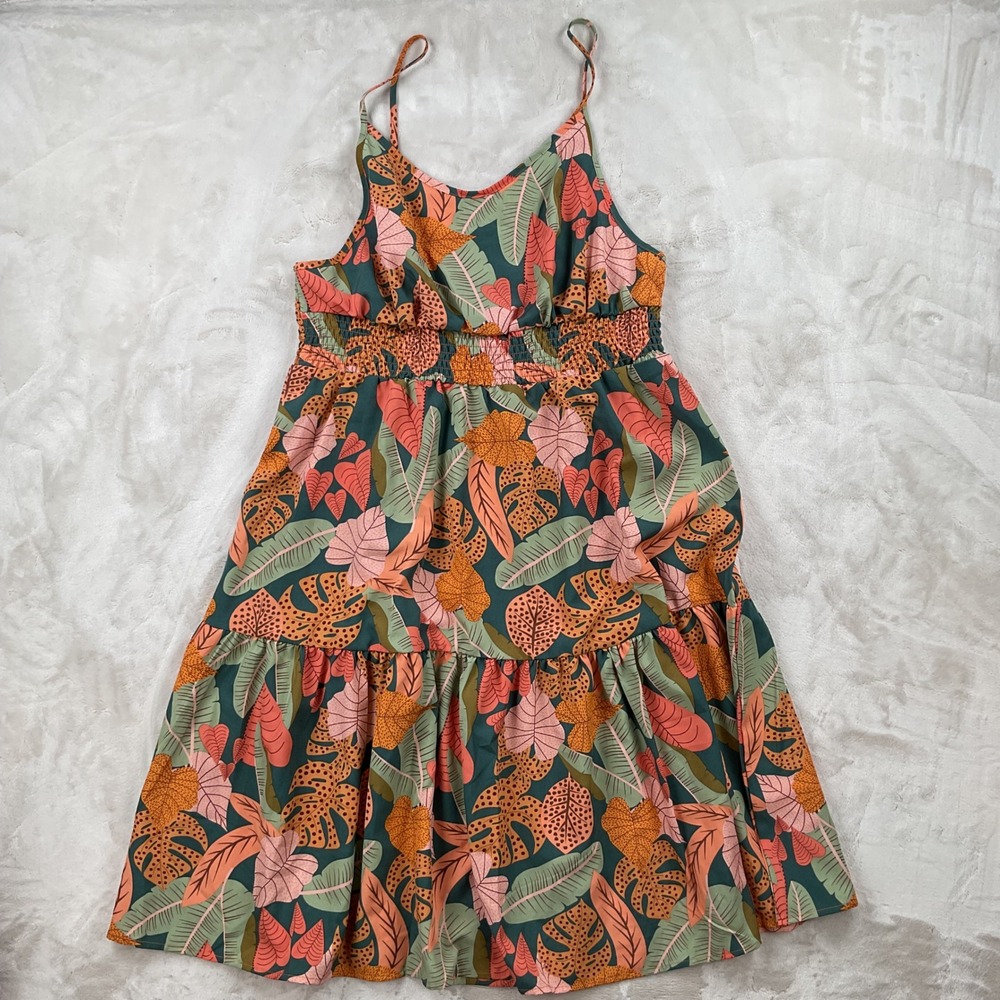 SHEIN Curve Tropical Leaf Print Smocked Tiered Sundress Green Orange 1XL
